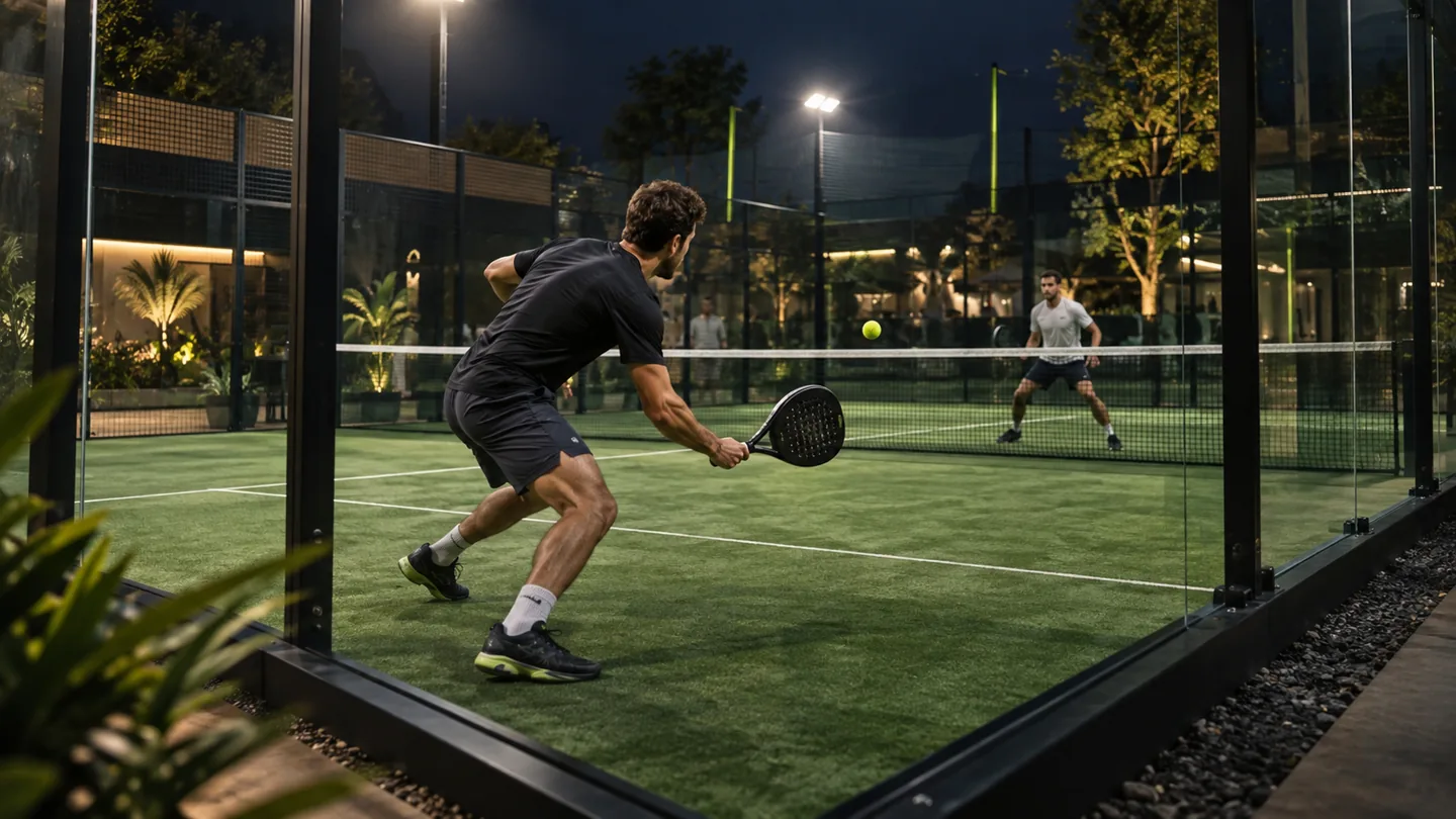 Dos jugadores disputan un punto en una cancha de pádel iluminada